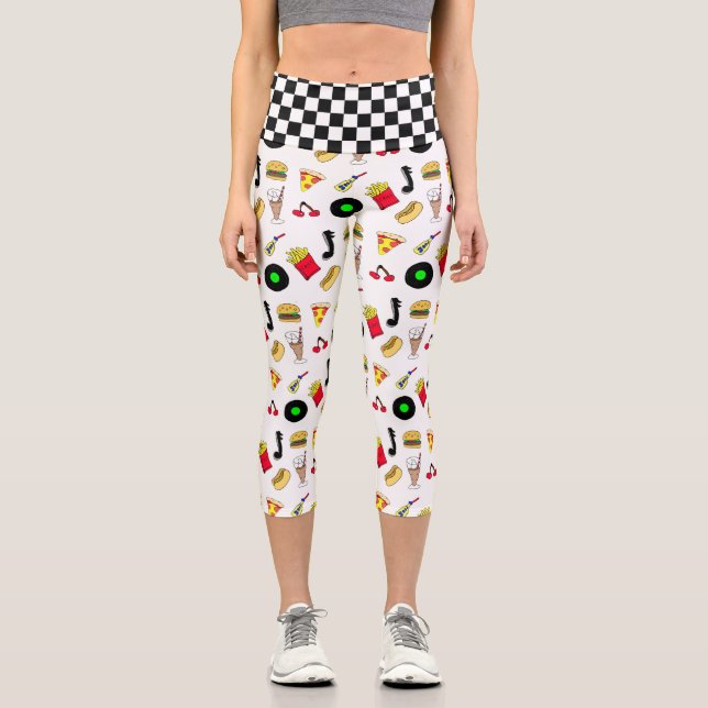 Fifties Graphics with Milkshakes, Hot dogs Retro  Capri Leggings (Front)