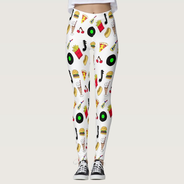 Fifties Graphics with Milkshakes, Hot dogs Retro  Leggings (Front)