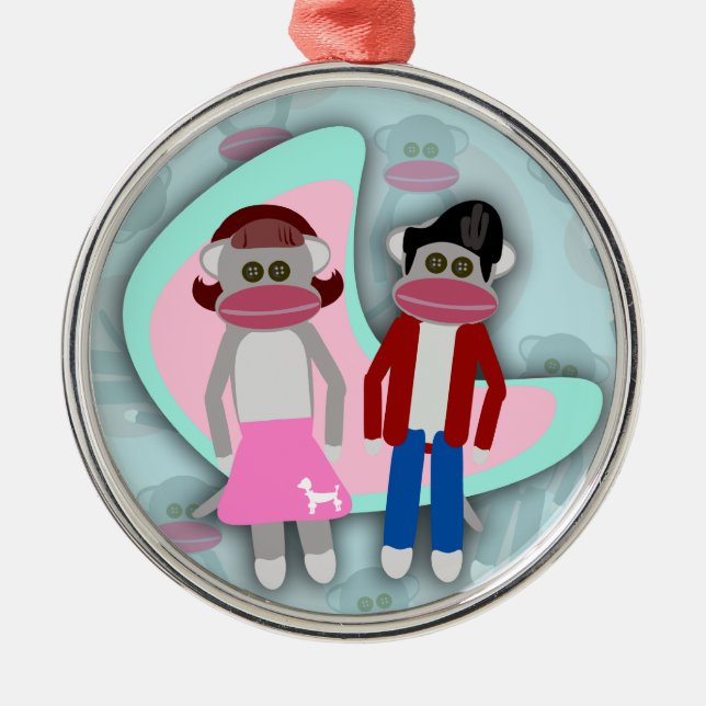 Fifties Sock Hop Sock Monkeys Retro Art Cartoon Metal Tree Decoration (Front)