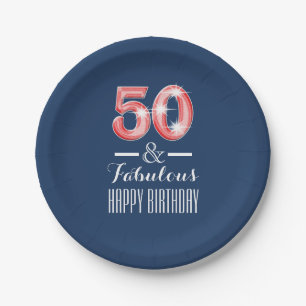 Fiftieth 50th birthday men   red blue paper plate