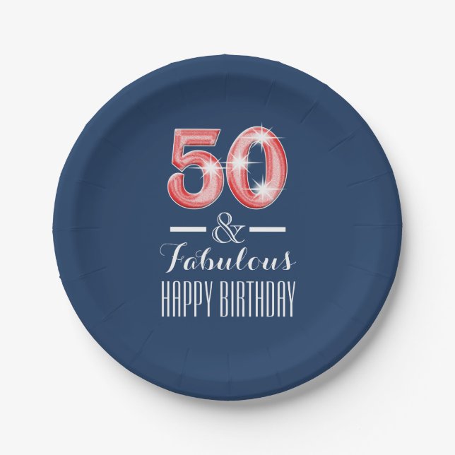 Fiftieth 50th birthday men | red blue paper plate (Front)