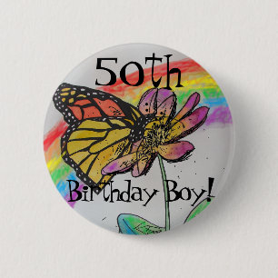 Fiftieth Birthday Boy Men Rainbow Monarch Badge