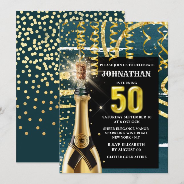 Fiftieth blue gold sparkling wine celebration  invitation (Front/Back)