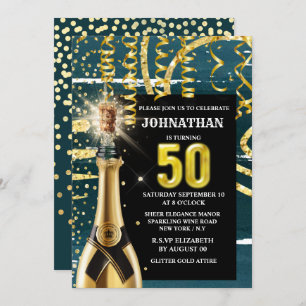 Fiftieth blue gold sparkling wine celebration  invitation