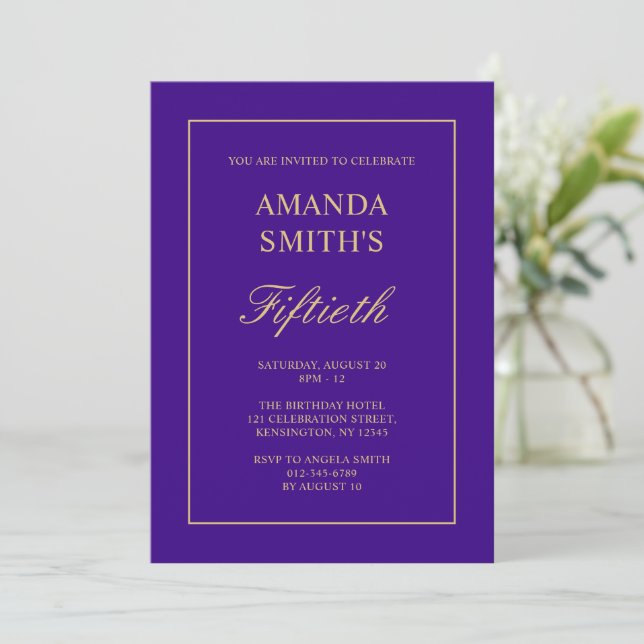 Fiftieth Elegant Gold Purple 50th Birthday Invitation (Standing Front)
