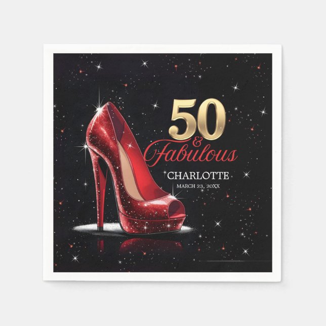 Fifty 50 & Fabulous BIRTHDAY Red Gold High Heels Napkin (Front)