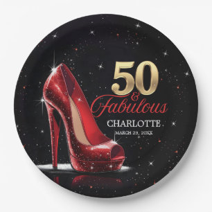 Fifty 50 & Fabulous BIRTHDAY Red Gold High Heels Paper Plate