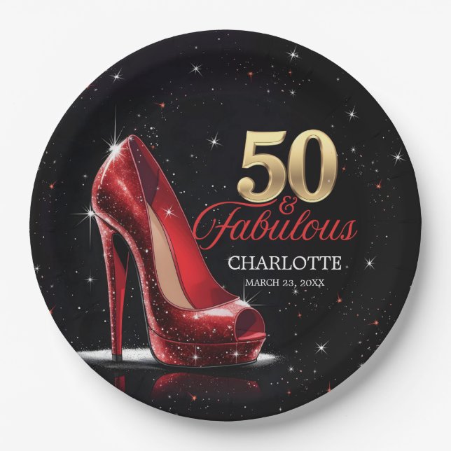 Fifty 50 & Fabulous BIRTHDAY Red Gold High Heels Paper Plate (Front)