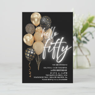 Fifty 50th Birthday Balloons Black and gold Invitation