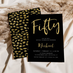 Fifty 50th Birthday Black Gold Pattern Back Invitation