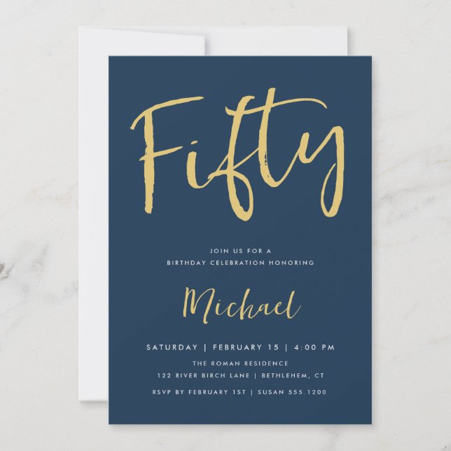 Fifty 50th Birthday Blue Gold Milestone Invitation (Front)