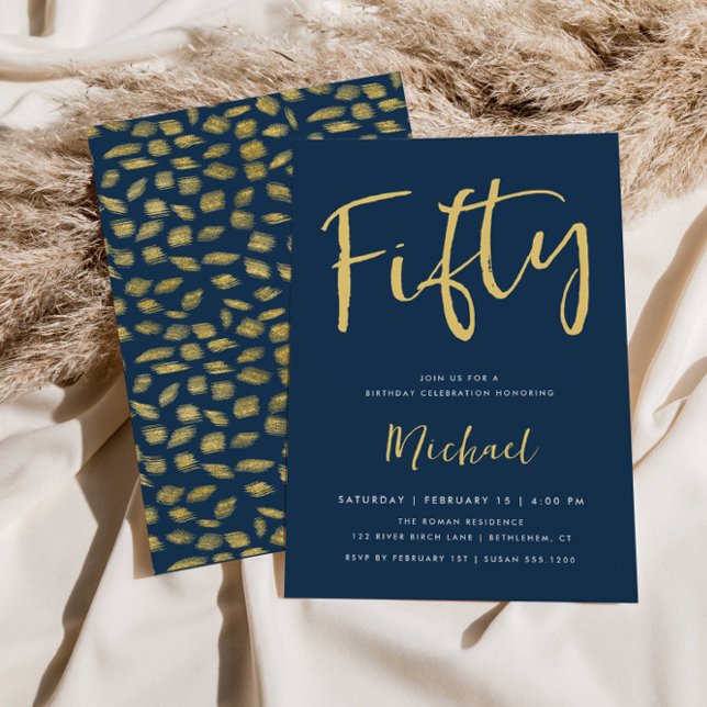 Fifty 50th Birthday Blue Gold Pattern Back Invitation (Creator Uploaded)