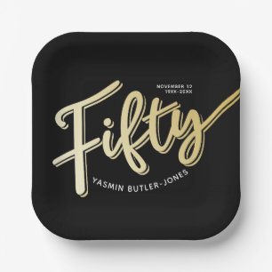 Fifty 50th Birthday custom name script gold colour Paper Plate