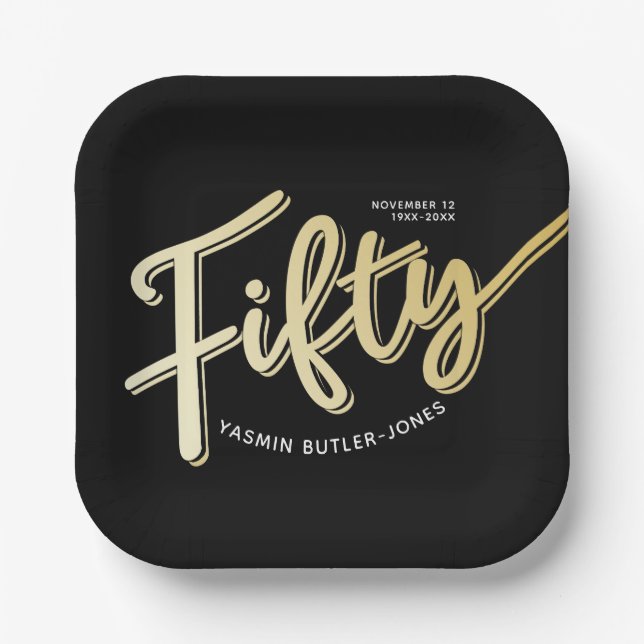Fifty 50th Birthday custom name script gold colour Paper Plate (Front)