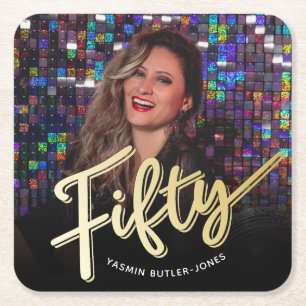 Fifty 50th Birthday custom photo gold colour Square Paper Coaster