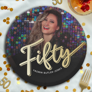 Fifty 50th Birthday custom photo script gold colou Paper Plate