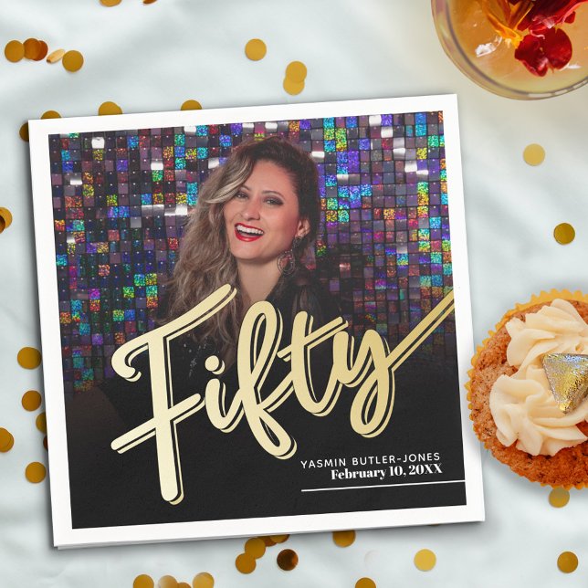 Fifty 50th Birthday custom photo script gold Napkin (Creator Uploaded)