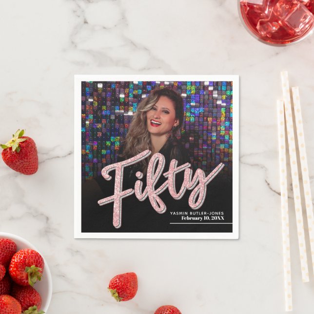 Fifty 50th Birthday custom photo script pink Napkin (Insitu)