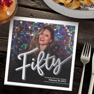 Fifty 50th Birthday custom photo script silver Napkin