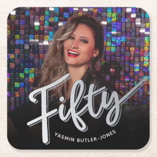 Fifty 50th Birthday custom photo silver colour Square Paper Coaster