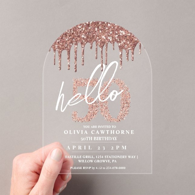 Fifty 50th Birthday Lux Rose Pink Acrylic  Acrylic Invitations (Insitu (Handheld))