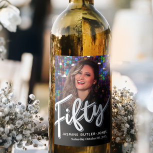 Fifty 50th birthday party photo black silver wine label