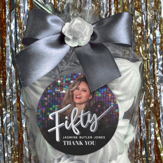 Fifty 50th birthday party photo silver favour classic round sticker (Creator Uploaded)