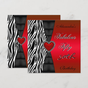 Fifty 50th Birthday Party Red Zebra Wild Black 2 Invitation