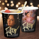 Fifty 50th Birthday photo script black gold colour Paper Cups<br><div class="desc">Fifty gold coloured style effect script text on black paper cups. Personalise these cups with two photos of your birthday girl turning 50, one on each side (for past and present plus add your own name or message. Ideal for a 50th birthday party or surprise half century event. Other years...</div>