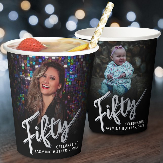 Fifty 50th Birthday photo script black silver Paper Cups (Creator Uploaded)