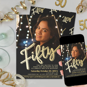 Fifty 50th Birthday photo script flat gold colour Invitation