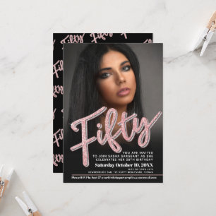 Fifty 50th Birthday photo script glitter rose pink Invitation