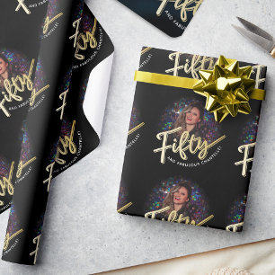 Fifty 50th Birthday photo script gold custom Wrapping Paper