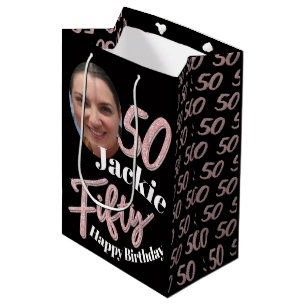Fifty 50th Birthday photo script rose pink custom Medium Gift Bag