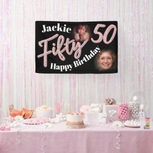 Fifty 50th Birthday two photo script rose pink Banner