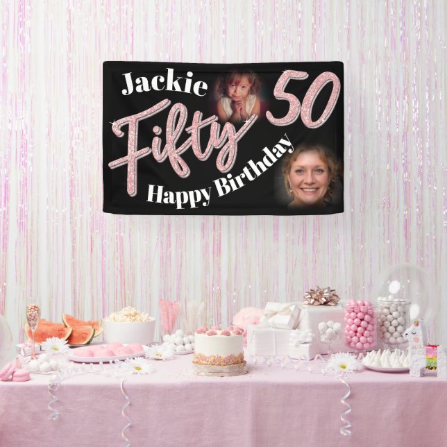Fifty 50th Birthday two photo script rose pink Banner (Party)