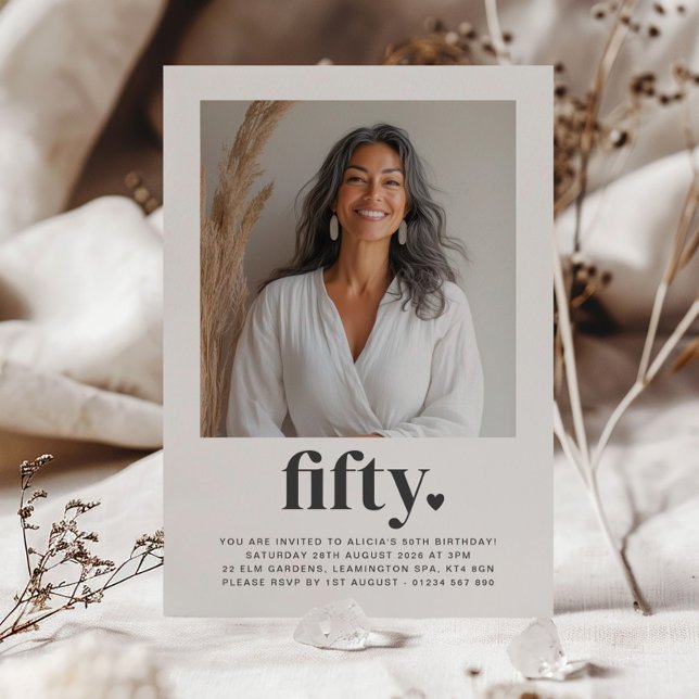 Fifty 50th Heart Square Photo Birthday Invitation (Creator Uploaded)