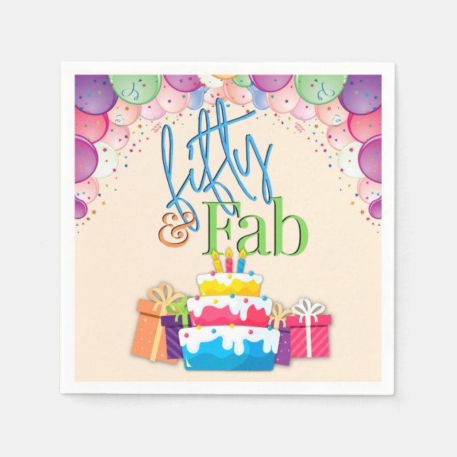 Fifty and Fab Colourful Birthday Party Napkins (Front)