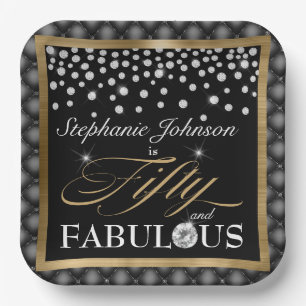 Fifty and Fabulous 50th Birthday Black Gold Chic Paper Plate