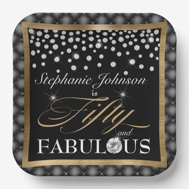 Fifty and Fabulous 50th Birthday Black Gold Chic Paper Plate (Front)