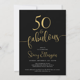 Fifty and Fabulous 50th Birthday Black Gold Invitation