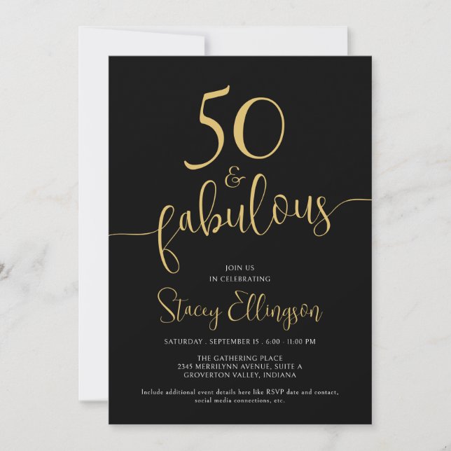 Fifty and Fabulous 50th Birthday Black Gold Invitation (Front)