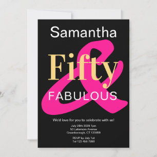 Fifty and Fabulous 50th Birthday Black Gold Pink Invitation