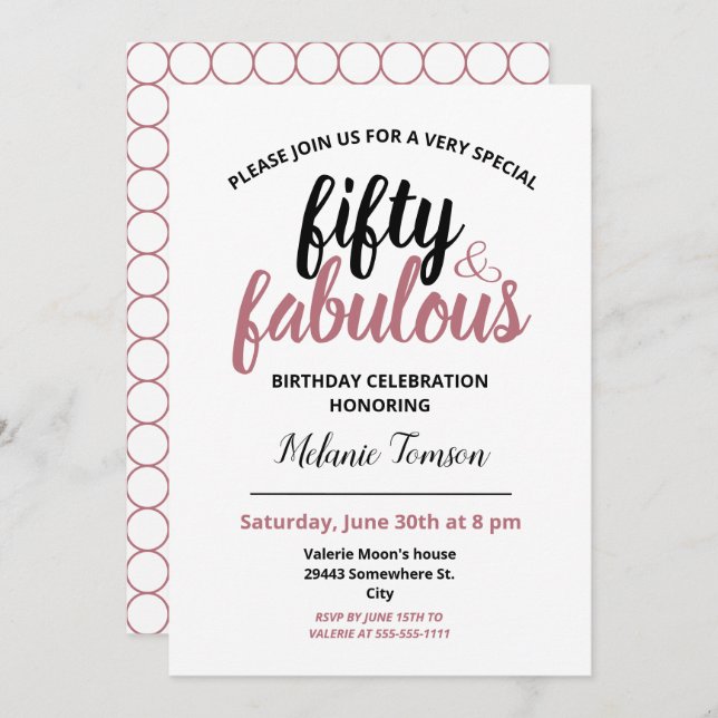 Fifty and Fabulous 50th Birthday Party Rose Gold Invitation (Front/Back)