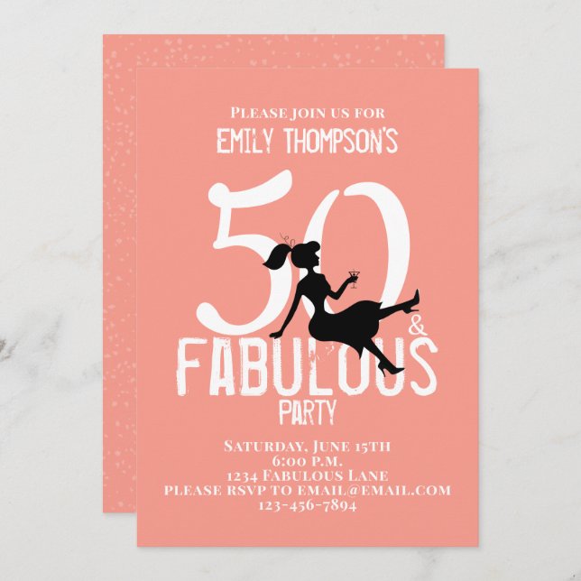 Fifty and Fabulous Birthday Modern Cocktails Peach Invitation (Front/Back)