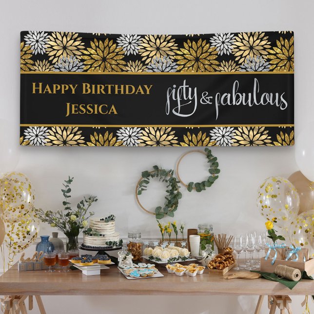 Fifty and Fabulous Black and Gold Happy Birthday Banner (Creator Uploaded)