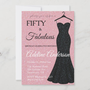 Fifty and Fabulous Black and Pink Glitter 50th Invitation