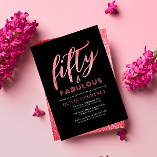 Fifty and Fabulous Black and Pink Glitter Birthday Invitation
