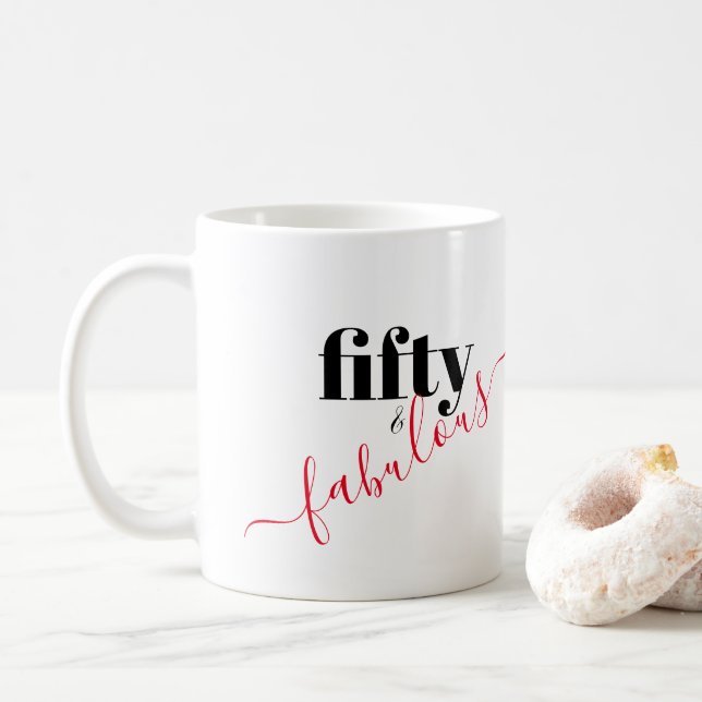 Fifty and Fabulous Black and Red Script Elegant Coffee Mug (With Donut)