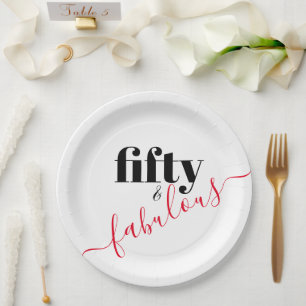 Fifty and Fabulous Black and Red Script Paper Plate